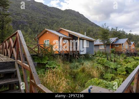 Piccole case colorate e piante nalca lungo i sentieri in legno di Tortel, Patagonia, Cile Foto Stock