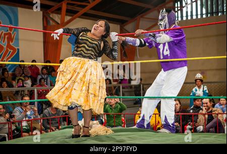 Lucha Libre. Combattente maschile allungare i capelli di colita Julieta, lottatori in combattimento, centro sportivo la Ceja, El Alto, la Paz, Bolivia Foto Stock