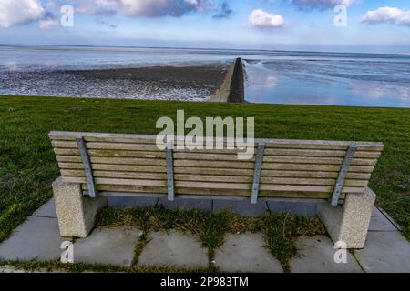 Il Mare di Wadden, Frisia orientale, tra Bensersiel e Neuharlingersiel, panca parco sulla diga, bassa Sassonia, scale, Germania Foto Stock