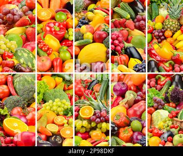 Sfondo di frutta e verdura fresca luminosa separato da linee verticali. Foto Stock