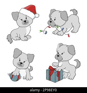 Set di cuccioli carini. Buon Natale e felice anno nuovo illustrazioni vettoriali con cani cartone animato. Illustrazione Vettoriale
