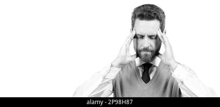 Uomo volto ritratto, banner con spazio copia. megraine. uomo d'affari sofferente isolato sul bianco. ragazzo stressato che ha mal di testa Foto Stock