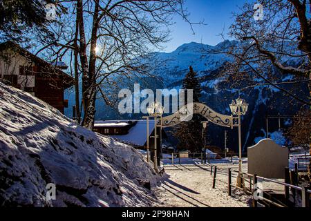 Giornata di sole nelle Alpi svizzere, neve e cielo azzurro, Wengen, Svizzera Foto Stock