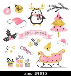 Set di Natale. Collezione di elementi xmas per il design di biglietti d'auguri nei colori rosa, nero e oro. Illustrazione vettoriale Illustrazione Vettoriale