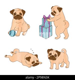 Set di graziosi boccioli acquerelli isolati su bianco. Illustrazione vettoriale di cani da cartone animato. Illustrazione Vettoriale
