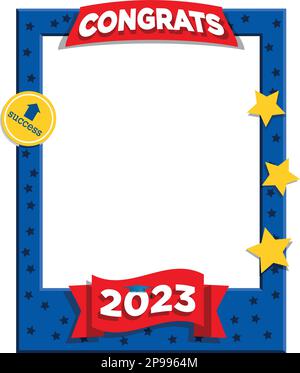 Illustrazione vettoriale della cornice blu per foto selfie laureati anno 2023. Concetto PhotoBooth Illustrazione Vettoriale