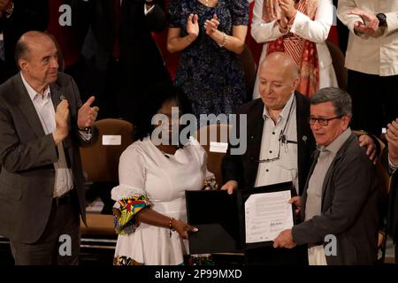 Città del Messico, Messico. 10th Mar, 2023. 10 marzo 2023, Città del Messico, Messico: Il ministro degli Esteri Marcelo Ebrard; il vicepresidente della Colombia, Francia Marquez; il capo negoziatore del governo, Jose Otty Patiño e Pablo Beltran, capo della delegazione dell'Esercito nazionale di liberazione della Colombia, Al termine del "secondo ciclo di negoziati dei colloqui di pace tra il governo della Colombia e l'ELN", all'Antiguo Colegio de San Ildefonso di Città del Messico. Il 10 marzo 2023 a Città del Messico (Foto di Luis Barron/Eyepix Group/Sipa USA). Credit: Sipa USA/Alamy Live News Foto Stock