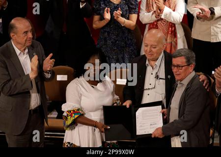 Città del Messico, Messico. 10th Mar, 2023. Il Ministro degli esteri Marcelo Ebrard; il Vice Presidente della Colombia, Francia Marquez; il capo negoziatore del Governo, Jose Otty PatiÃ±o e Pablo Beltran, capo della delegazione dell'Esercito nazionale di liberazione della Colombia; Al termine del ''secondo ciclo di negoziati dei colloqui di pace tra il governo della Colombia e l'ELN'', all'Antiguo Colegio de San Ildefonso di Città del Messico. Il 10 marzo 2023 a Città del Messico, Messico (Credit Image: © Luis Barron/eyepix via ZUMA Press Wire) SOLO PER USO EDITORIALE! Non per USO commerciale! Foto Stock