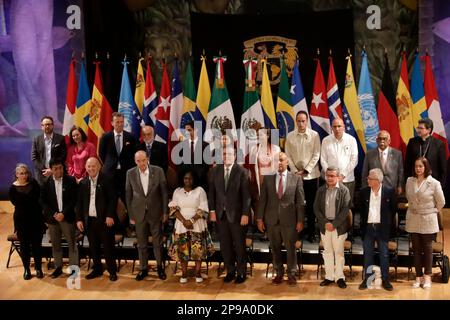 Città del Messico, Messico. 10th Mar, 2023. Il Ministro degli esteri Marcelo Ebrard; il Vice Presidente della Colombia, Francia Marquez; il capo negoziatore del Governo, Jose Otty PatiÃ±o e Pablo Beltran, capo della delegazione dell'Esercito nazionale di liberazione della Colombia; Al termine del ''secondo ciclo di negoziati dei colloqui di pace tra il governo della Colombia e l'ELN'', all'Antiguo Colegio de San Ildefonso di Città del Messico. Il 10 marzo 2023 a Città del Messico, Messico (Credit Image: © Luis Barron/eyepix via ZUMA Press Wire) SOLO PER USO EDITORIALE! Non per USO commerciale! Foto Stock