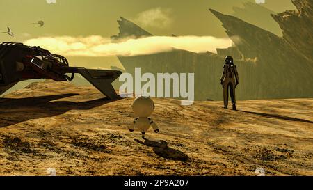 Viaggiatore spaziale con un piccolo robot esplorando un nuovo pianeta e affrontando creature aliena volante - rendering 3D Foto Stock