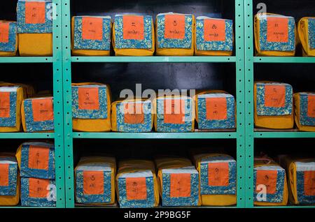 Kanjur, parole di buddha,nella libreria di opere tibetano e archivi di Dharamsala, Himachal Pradesh, India, Asia Foto Stock