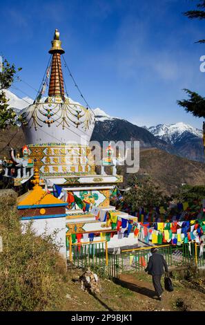 Stupa in Ri di Lhagyal, vicino a Tsuglagkhang complex.in priorità bassa le montagne di Himalaya.McLeod Ganj, Dharamsala, Himachal Pradesh dichiara, India, Asia Foto Stock