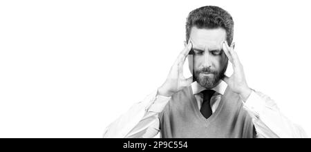 Uomo volto ritratto, banner con spazio copia. Megraine. Sofferenza uomo d'affari isolato su bianco. Stressato ragazzo che ha mal di testa. Foto Stock