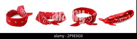 Bandanas rosse con motivo paisley su sfondo bianco, collage. Design del banner Foto Stock
