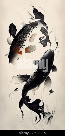 Illustrazione di pesci di Koi in stile di arte moderna realista del pennello, stile tradizionale giapponese della pittura. Foto Stock