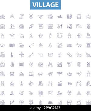 Villaggio contorno icone raccolta. Villaggio, insediamento, borgo, borgata, rurale, homestead, set di illustrazioni vettoriali suburbane. campagna, città Illustrazione Vettoriale