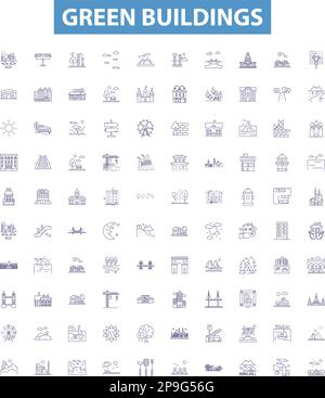 Edifici verdi linee icone, segnaletica set. Ecologico, sostenibile, rinnovabile, efficienza, basso contenuto di carbonio, Riciclabile, costruzione, isolamento, climatizzazione Illustrazione Vettoriale