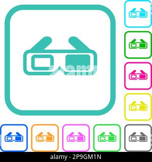 Occhiali retro 3D icone piatte dai colori vivaci con bordi ricurvi su sfondo bianco Illustrazione Vettoriale