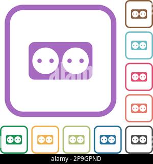 Presa elettrica con due prese icone semplici e solide a colori con cornici quadrate arrotondate su sfondo bianco Illustrazione Vettoriale