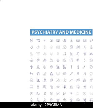 Icone di linea di psichiatria e medicina, set di segni. psichiatria, medicina, mentale, salute, malattia, disturbo, terapia, trattamento, vettore di contorno del farmaco Illustrazione Vettoriale