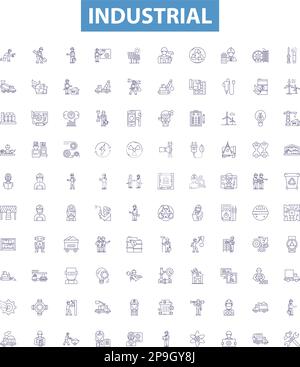 Icone della linea industriale, set di cartelli. Fabbrica, produzione, ingegneria, automazione, costruzioni, Macchinari, lavorazione, potenza, vettore di contorno tessile Illustrazione Vettoriale