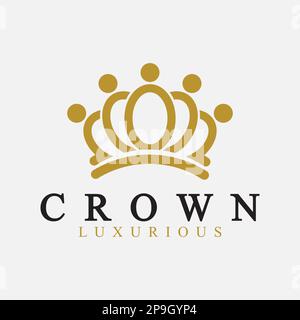 Modello vettoriale con logo Crown, icone a corona lineare. Royal, simbolo di lusso. Re, regina astratto logo geometrico. Illustrazione Vettoriale