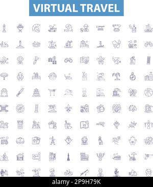 Icone della linea di viaggio virtuale, set di cartelli. Virtuale, viaggio, tour, esplorare, viaggio, Volo, giro turistico, esperienza, Visualizza illustrazioni vettoriali di contorno. Illustrazione Vettoriale