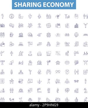 Icone di linea di risparmio di condivisione, set di segnali. Collaborative, baratto, Exchange, piattaforme, networking, Collegamento, condivisione, homesharing, Bikesharing Illustrazione Vettoriale