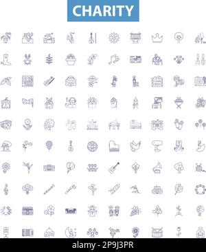 Icone della linea di beneficenza, set di segni. Dare, gentilezza, filantropia, donare, Nonprofit, Benevolenza, aiuto, sostegno, compassione delineano vettore Illustrazione Vettoriale