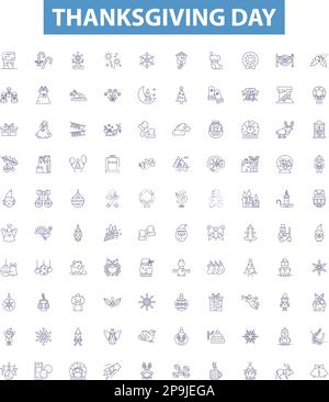 Icone della linea del giorno del Ringraziamento, set di segni. Ringraziamento, giorno, Turchia, Festa, gratitudine, Pellegrini, indiani, Cornucopia, benedizioni delineano vettore Illustrazione Vettoriale