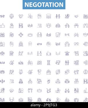 Icone linea di negotazione, set di segni. Negoziare, contrattare, discutere, contrattare, mediare, arbitrate, parley, contend, dibattito delineare illustrazioni vettoriali. Illustrazione Vettoriale