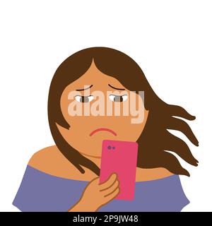 Una giovane donna adulta che guarda il cellulare con triste e depressione. Concetto di malattia mentale. Illustrazione vettoriale. Illustrazione Vettoriale