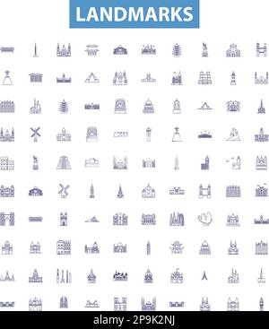 Punti di riferimento icone delle linee, set di segni. Monumenti, statue, strutture, edifici, palazzi, Rovine, Templi, architettura, Fari delineano vettore Illustrazione Vettoriale