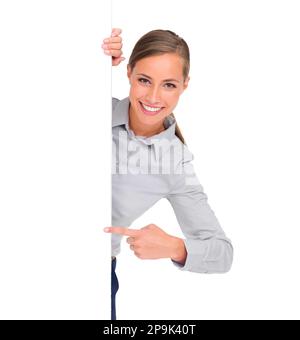 Successo passo per passo. Studio shot di una giovane e attraente imprenditrice che punta al copyspace. Foto Stock