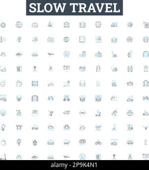 Icone linea vettoriale di marcia lenta impostate. Lento, Viaggi, sostenibile, Ecoturismo, responsabile, Illustrazione locale basata sulla comunità, simboli del concetto di contorno e. Illustrazione Vettoriale
