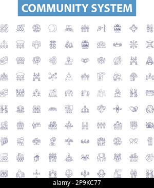 Icone della linea di sistema della comunità, set di segnali. Social, rete, relazioni, piattaforma, connessioni, Interazione, supporto, partecipazione, descrizione della comunità Illustrazione Vettoriale