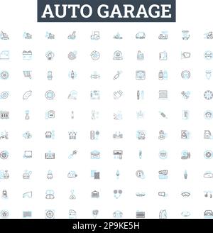 Set di icone di linee vettoriali auto garage. Auto, Garage, Riparazione, Assistenza, Messa a punto, OIL, Change Illustration simboli e segnali del concetto di contorno Illustrazione Vettoriale