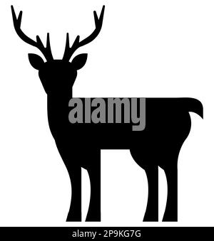 Silhouette nera di una renna isolata su sfondo bianco, icona con il logo di una silhouette di cervo e alce Illustrazione Vettoriale