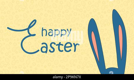 Sfondo di Pasqua. Banner orizzontale con l'immagine delle orecchie di coniglio in un tratto modificabile e messaggio di congratulazioni. Design alla moda. Vettore Illustrazione Vettoriale