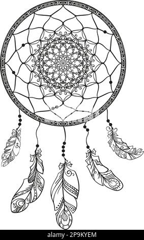 dreamcatcher disegnato a mano con piume, pagina per libro da colorare per adulti, vettore di elementi di disegno isolati etnici Illustrazione Vettoriale