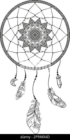 dreamcatcher disegnato a mano con piume, pagina per libro da colorare per adulti, vettore di elementi di disegno isolati etnici Illustrazione Vettoriale