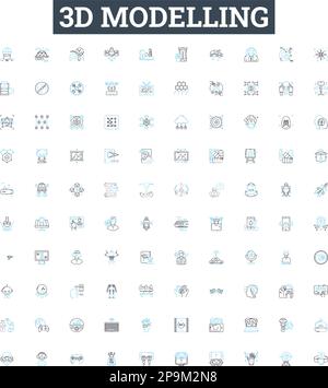 set di icone di linee vettoriali per la modellazione 3d. 3D, modellazione, modellazione, CAD, progettazione, Rendering, illustrazione di Simulation delineano simboli e segni concettuali Illustrazione Vettoriale