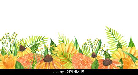 Acquerello disegnato a mano bordo senza cuciture con fiori da giardino: zinnia, fiori di conifere, goldenota e felce. Una piccola parte del grande giardino DEGLI UCCELLI set Foto Stock