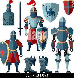 Illustrazione del set vettoriale in stile cartoon Knight Heraldry Shields Illustrazione Vettoriale