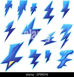 illustrazione del set vettoriale in stile cartoon delle icone di illuminazione dei tuoni Illustrazione Vettoriale