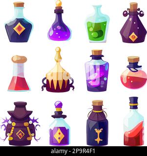 illustrazione del set vettoriale in stile cartoon di bottiglie alchimiste con elisir Illustrazione Vettoriale