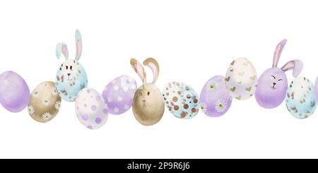 Acquerello disegnata a mano la clipart di festa di Pasqua. Bordo senza cuciture con uova, coniglietti, fiori, foglie e salice. Isolato su sfondo bianco Foto Stock