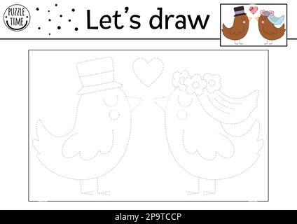 Foglio di lavoro per il tracciamento delle nozze con la sposa e lo sposo degli uccelli carini. Tracciare l'attività dei punti. Matematica educativa, e gioco di disegno. Cerimonia di matrimonio colorazione pag Illustrazione Vettoriale