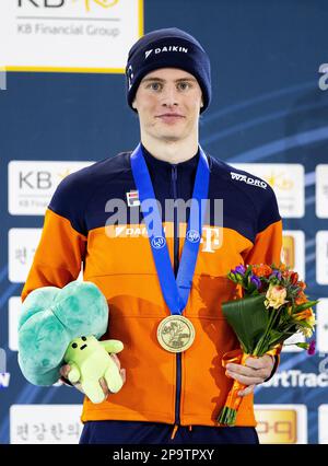 SEOUL - Jens van 't Wout vince il bronzo nei 500 metri durante i Campionati del mondo Short Track in Corea del Sud. ANP IRIS VANDEN BROEK Credit: ANP/Alamy Live News Foto Stock