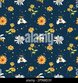 Modello di ape. Acquerello senza cuciture con fiori di camomilla, girasoli e api. Apicoltura. Design per vivai, tessili, cartoleria. Scuro Foto Stock